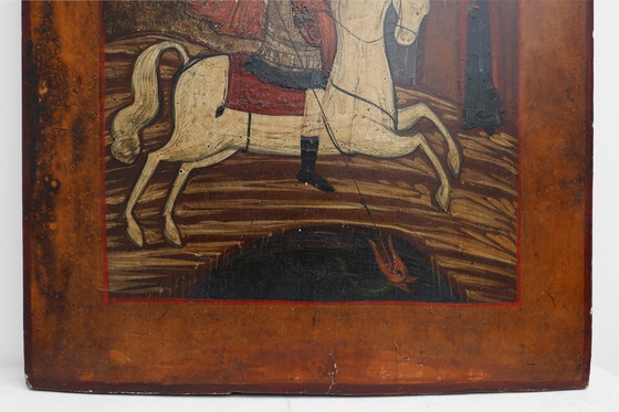 Image 1 of Icono religioso ruso del siglo XIX de San Jorge y el dragón, pintado a mano sobre madera.