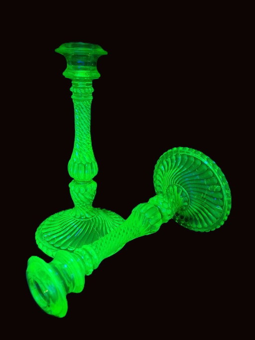 2 uranium glass candlesticks - 30s