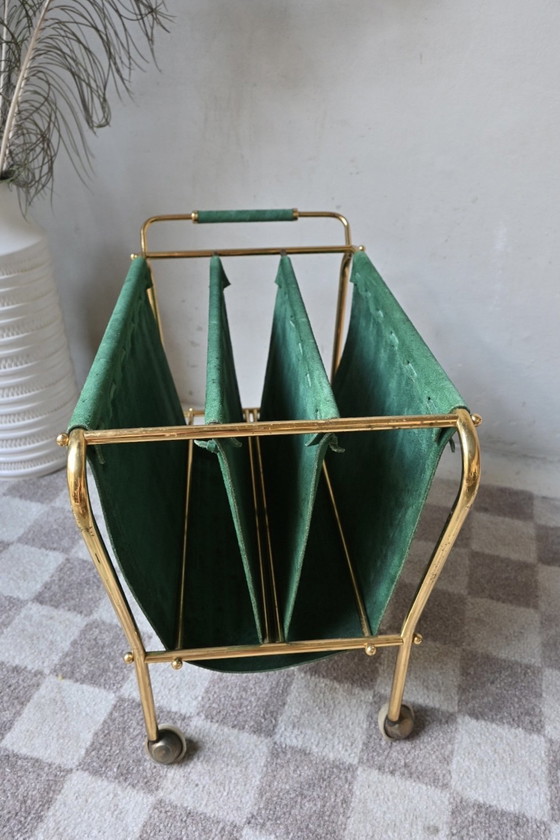 Image 1 of Brass Lectern on wheels, green suede upholstery