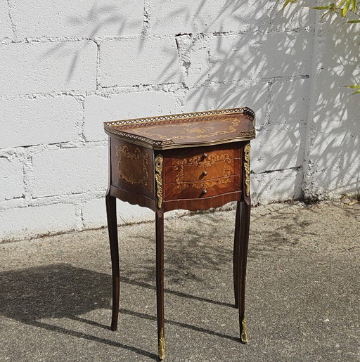 Chateau Ligny - French Antique Marquetry Nightstand - Fine Wood and Brass Console-Bedside Table-Style Louis XV- 1930s