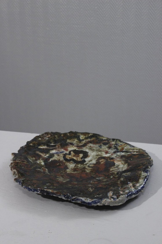 Image 1 of Large Glazed Stoneware Dish Polychrome Art Brut Abstract Brutalist XXth Century
