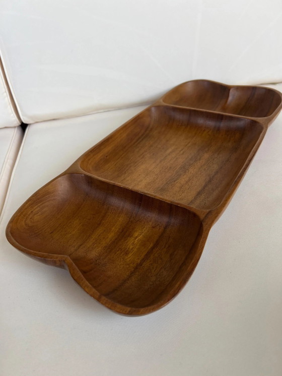 Vintage Wood Serving Bowl XXL 44 cm | Hand-carved Mid Century Snack Bowl with 3 Compartments | Teak Wood (photo 8 of 11)