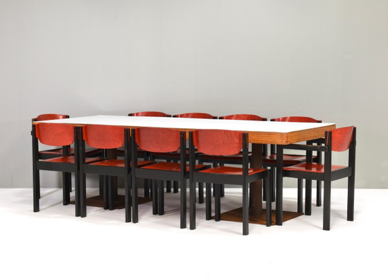 14x Italian Postmodern Stacking Chairs in Sottsass Memphis Style - Italy, 1970's, Dining chairs, Metal, Red (photo 3 of 20)