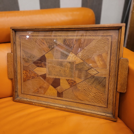 Image 1 of Bandeja Art Déco, Marquetería Y Cristal, 1950 – Francia