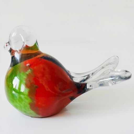 Vintage mondgeblazen multicoloured vogelsculptuur glas presse-papier glazen vogeltje murano stijl vogelbeeldje 1980's