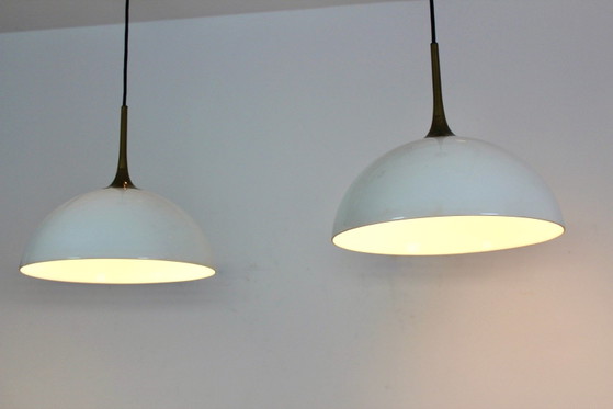 Pair of Brass and White-Opal Glass Pendant Lights by Florian Schulz, Pendant lamps (photo 8 of 11)