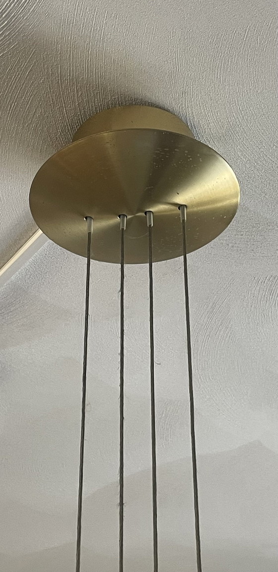 Image 1 of Suspension B+M Leuchten « Hauteur réglable » Montage au plafond Laiton mat/poli Verre flammé blanc mat Années 1990