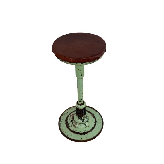 Adjustable stool, mint green metal and brown leather, Vintage (photo 5 of 13)