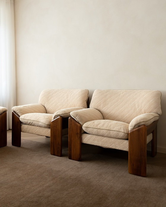 Sapporo Lounge Chairs by Mario Marenco for Mobil Girgi, 1970s, Armchairs, Textile, Wood, Brown (photo 2 of 24)