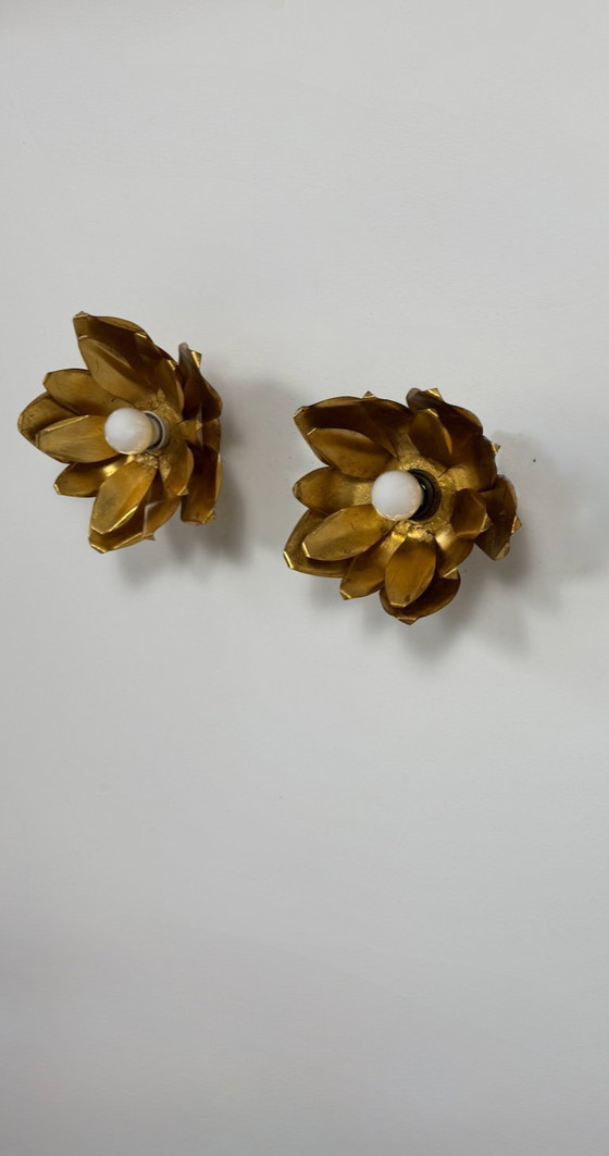 Image 1 of Paire d’appliques vintage fleur, métal doré, France, 1970