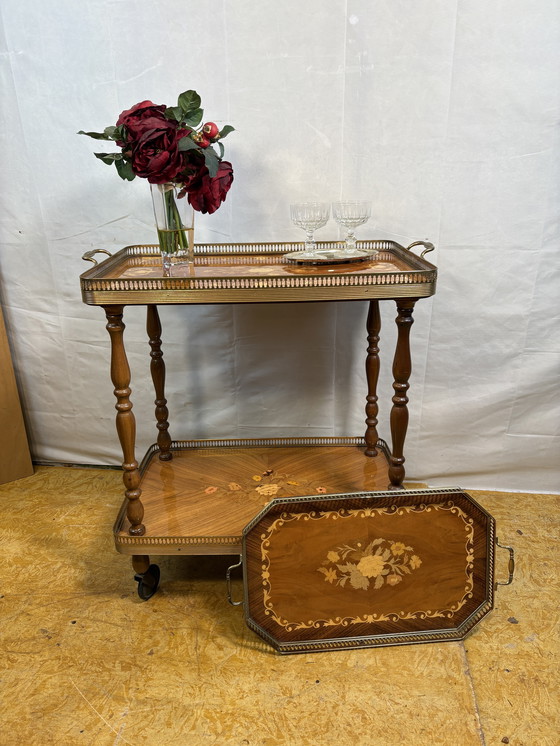 Image 1 of Vintage Italian Inlaid Wood Serving Trolley with Removable Tray Mid-20th Century  A wonderfully elegant piece of mid-century Ita