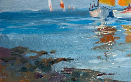 Image 1 of Peinture à l'huile originale représentant un paysage marin bleu « En voyage en mer »