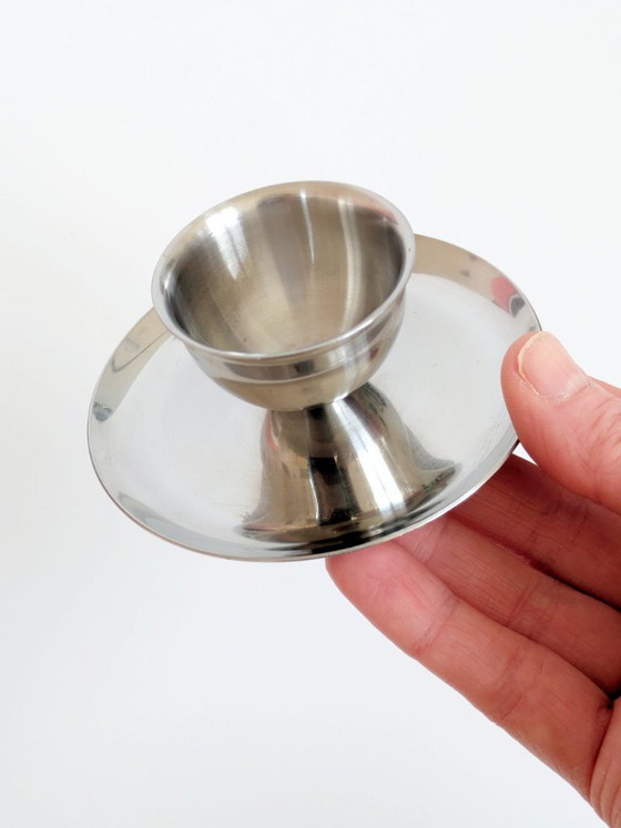 Image 1 of Set of 6 Vintage Polaris Norway Stainless Steel Egg Cups, Scandinavian Tableware