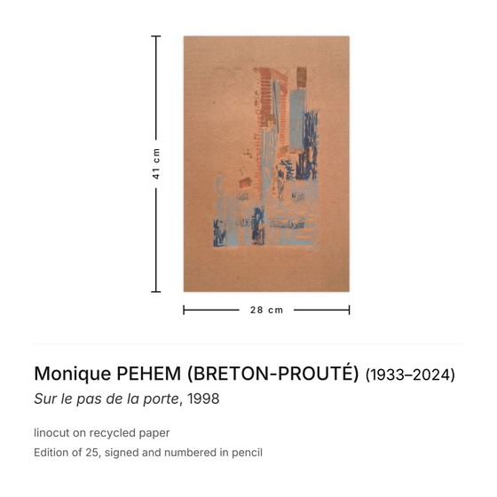 Monique PEHEM (BRETON-PROUTÉ) Signed Linocut On the Doorstep 1998 – Lithographs & prints, Paper (photo 3 of 5)