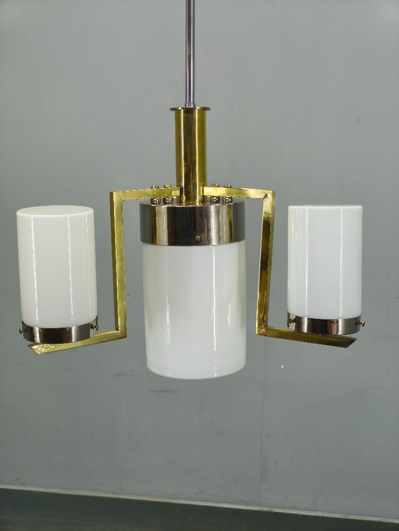 Image 1 of Tschechoslowakischer Art-Deco-Kronleuchter aus Messing und Chrom mit Opalglas, 1930er Jahre