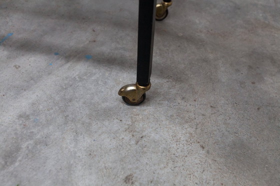 Image 1 of Serveerwagen uit de jaren 60, hifi-kast op wieltjes in teakhout, zwart metaal en glazen blad.