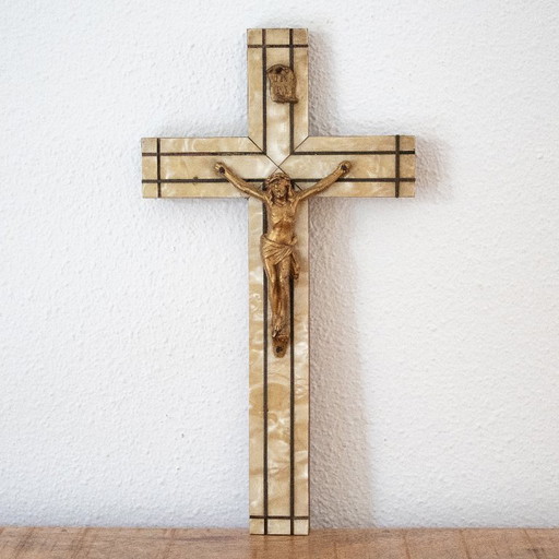 Antique Art Deco Mother-of-Pearl Crucifix, 1930s French Design