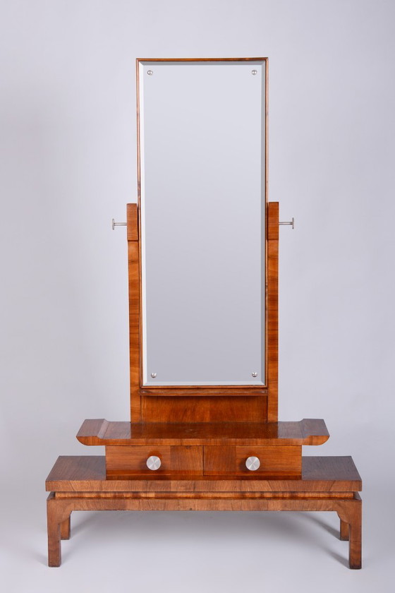 Miroir de coiffeuse Art Déco restauré, noyer, nickel, verre, République tchèque, années 1920 – Glass, Metal (photo 15 of 17)