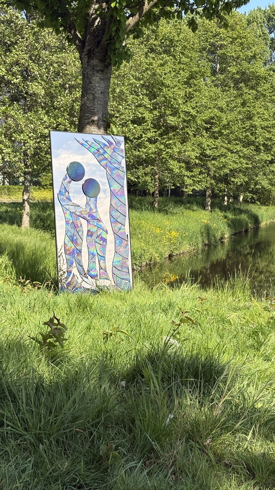 Image 1 of Specchio da toeletta a terra, opera d'arte realizzata a mano in vetro fumé e vetro ad olio a forma di palma