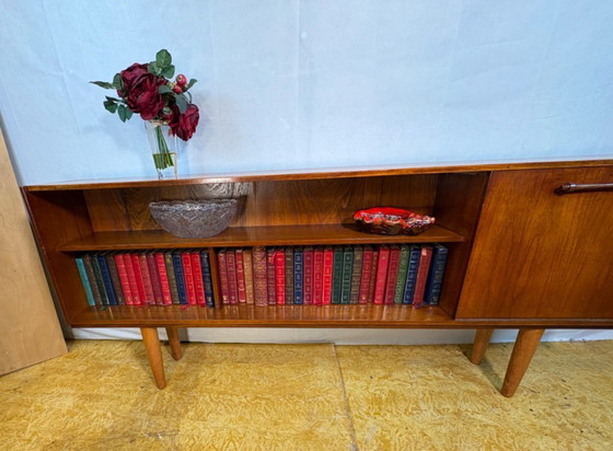 Image 1 of Mid-Century Retro Vintage Teak Slim Sideboard / Bookcase with Cocktail Flap 1960 