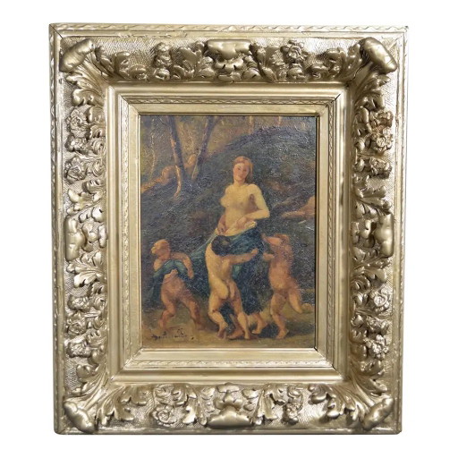 19e-eeuws Frans School Mythologisch Olieverfschilderij, Nimf en Drie Putti