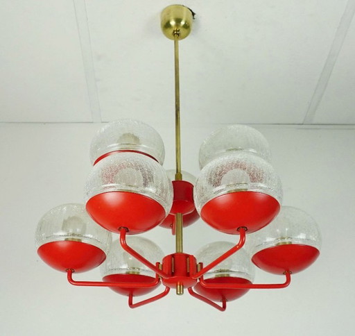 stunning 1960s 70s mid century modern CHANDELIER, red metal and brass, 9 crackle glass shades