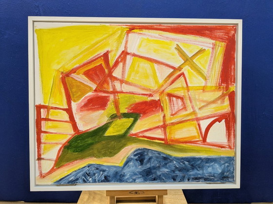 Image 1 of VIS TOWN CROATIA ABSTRACT ACRYLIC PAINTING ON CANVAS SIGNED FRAMED 43x53cm