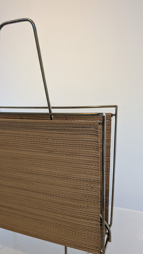 Image 1 of Swedish brass and raffia fabric magazine rack - 1960's