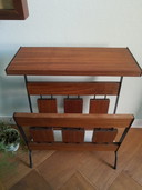 60s-70s design teak veneer magazine rack side table by BroVorm Haarlem, with original sticker