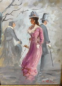 Peinture ancienne représentant une famille de femme, datant du XIXe siècle