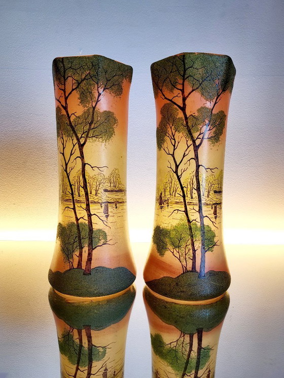 Image 1 of Art Nouveau vase, Théodore Legras, enameled glass vases, set