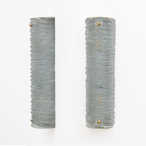 Pair of Art Deco-style aquamarine Murano glass and brass wall lamps by Barovier & Toso