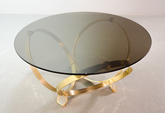 Image 1 of Mid-Century Design Knut Hesterberg Round Brass Coffee Table with Smoked Glass Top for Ronald Schmitt. Germany, 1970s. 