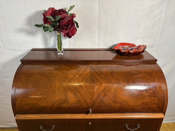 Image 1 of Mid-Century Swedish Teak (or Walnut) Roll-Top Bureau by Egon Østergaard for AB Bröderna Gustafssons 1960  Bring a timeless Scand