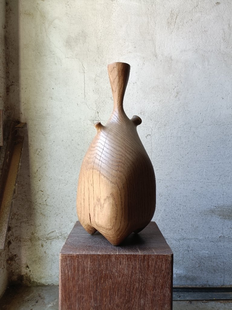 Vase/sculpture in carved solid oak