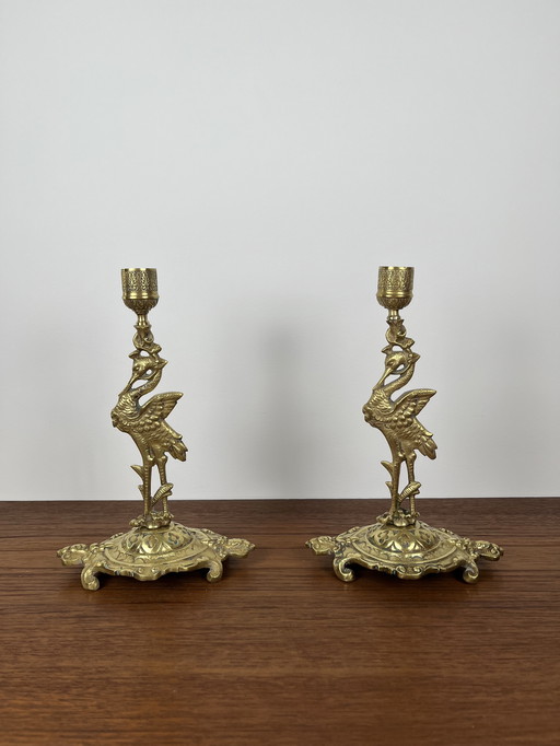 Pair of Antique Heron Candlesticks in Gilded Brass – Orientalist Art Deco Style