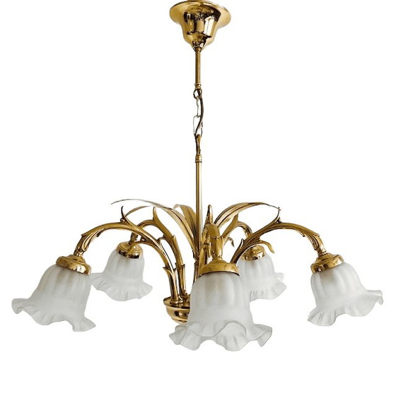 Image 1 of Lampadario vintage in ottone a sei bracci, metà secolo, con foglie di palma, Hollywood Regency, anni '70