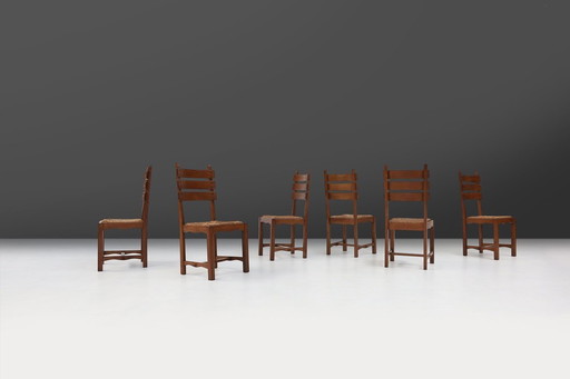 Brutalist Dining Chairs in Oak and Wicker, Set of 6