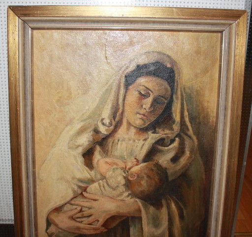 Madonna and Child - Original oil painting signed Hillers
