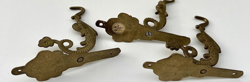 Set of 3 antique wall hooks – brass – Asian/Oriental inspired – circa 1950
