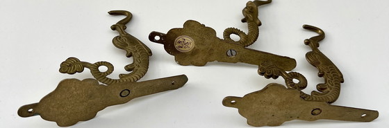 Image 1 of Set of 3 antique wall hooks – brass – Asian/Oriental inspired – circa 1950