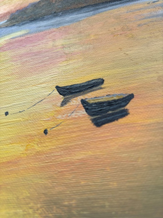 Image 1 of Impressionistisch landschap schilderij – zonsondergang met boten | What Will Tomorrow Bring