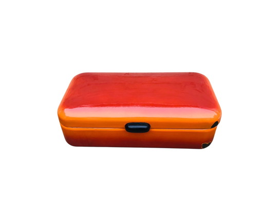 Oranje vintage emaille broodtrommel | metalen midcentury brooddoos