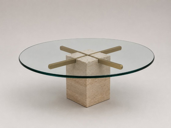 Image 1 of Vintage Round Coffee Table with Thick Glass Top and Travertine Base