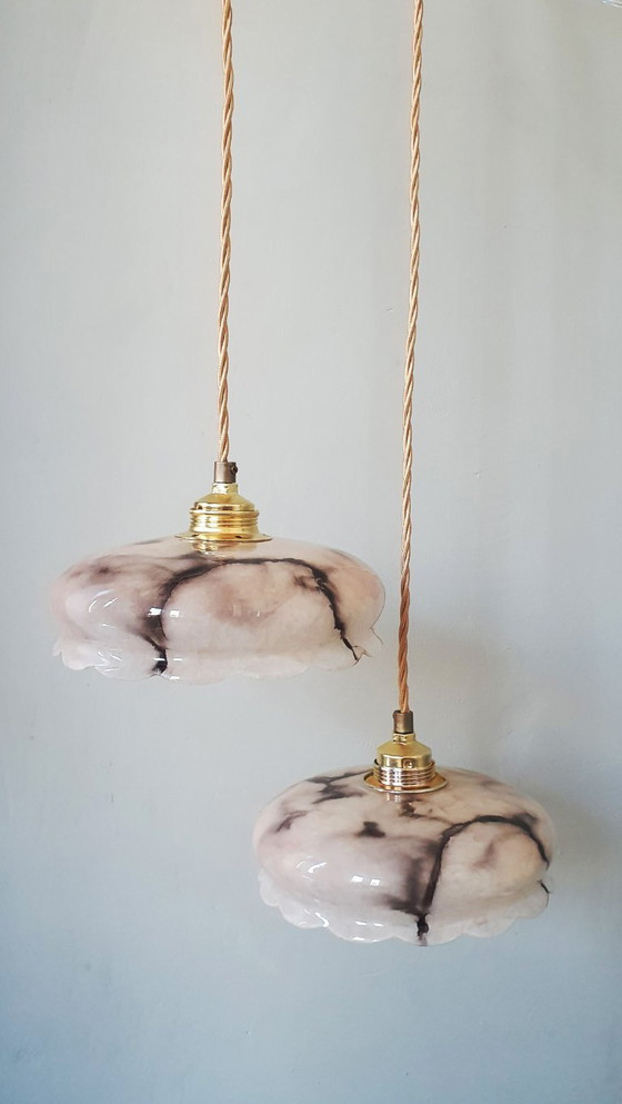 Image 1 of Set of vintage pendant lamps made of opaline glass with a marble effect