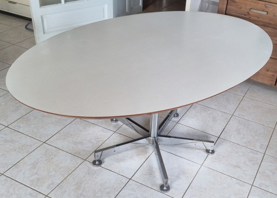 Image 1 of Modernist oval dining table, white top & chrome star base, vintage, 1960s