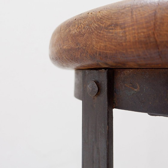 Image 1 of Pair of brutalist bar stools in oak and wrought iron, 1960s