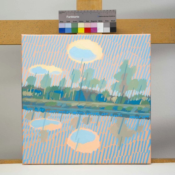 Image 1 of Schilderij "Klein wolkje", handgeschilderd uniek stuk, natuur, landschapsschilderij, lucht, acrylverf, 40x40 cm