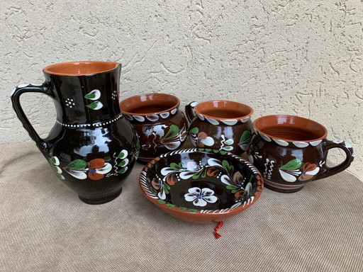 Vintage Ungarisches Folkloristisches Glasiertes Keramikset von Sarospatak, 5-teilig