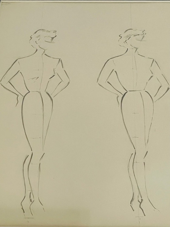 Image 1 of Schizzi a matita vintage, firmati e incorniciati, di Berthe Duquaine, del 1951.